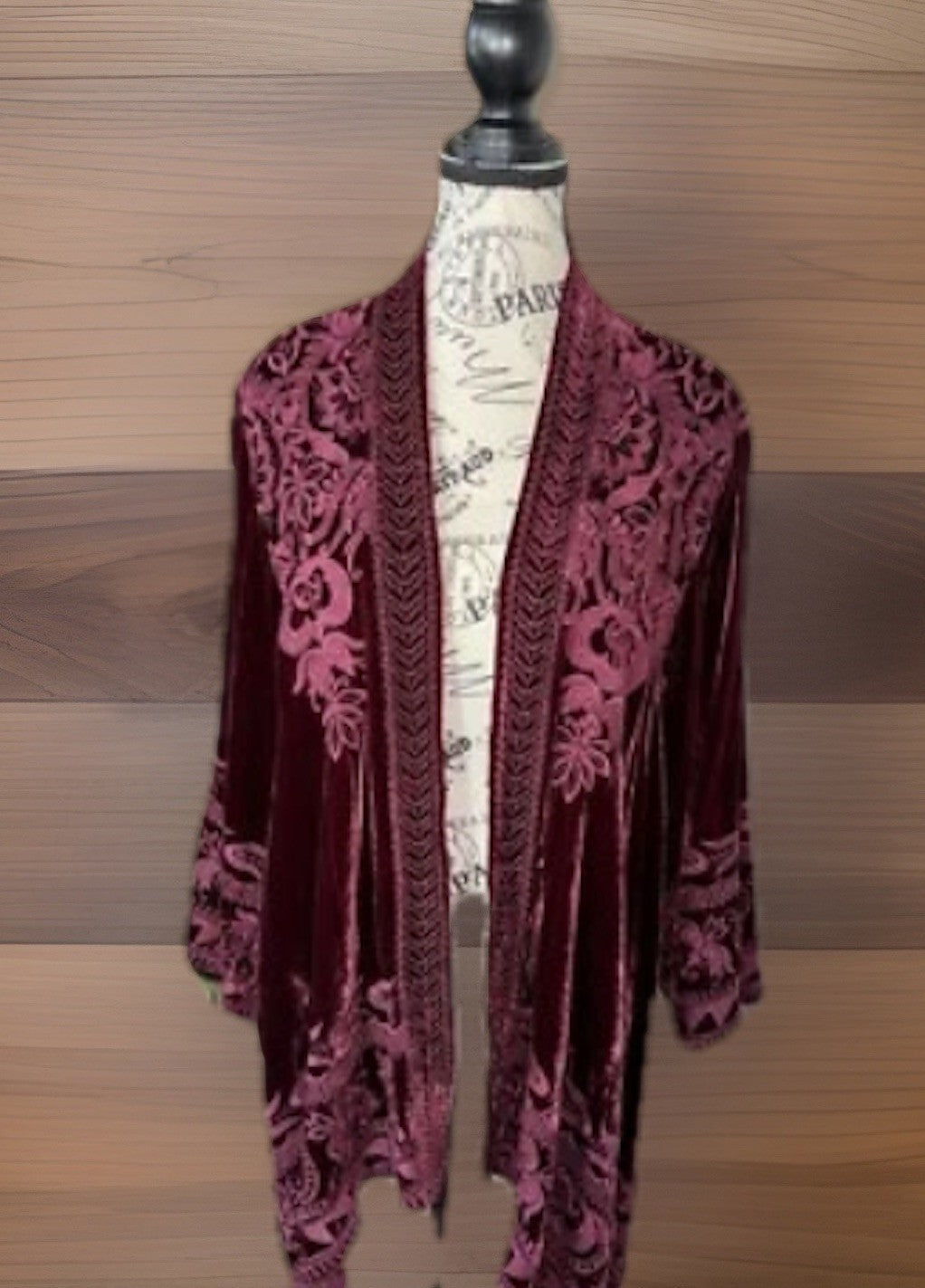 Johnny Was XL Burgundy Wine Velvet Kimono Cardigan Embroidered Top Wrap Duster Johnny Was