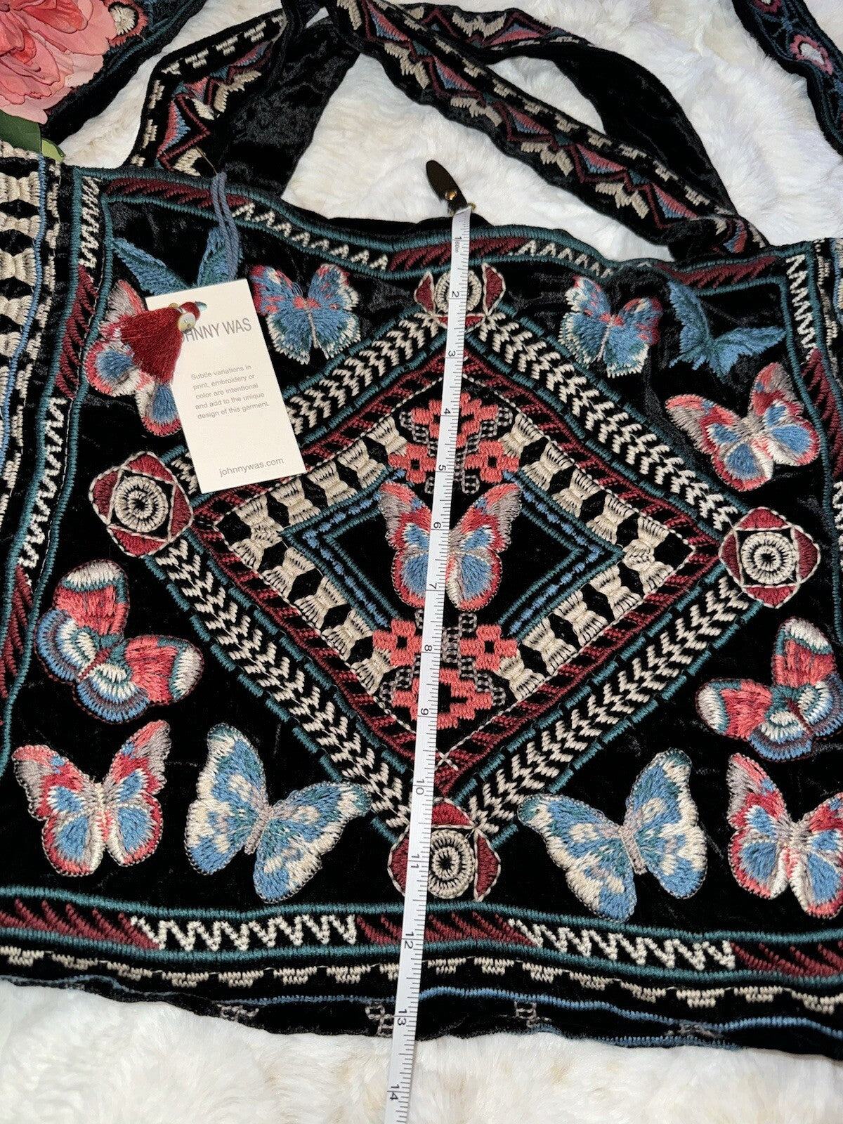 Johnny Was Large Black Velvet Hobo Bag Tote Purse Embroidered Crossbody Johnny Was