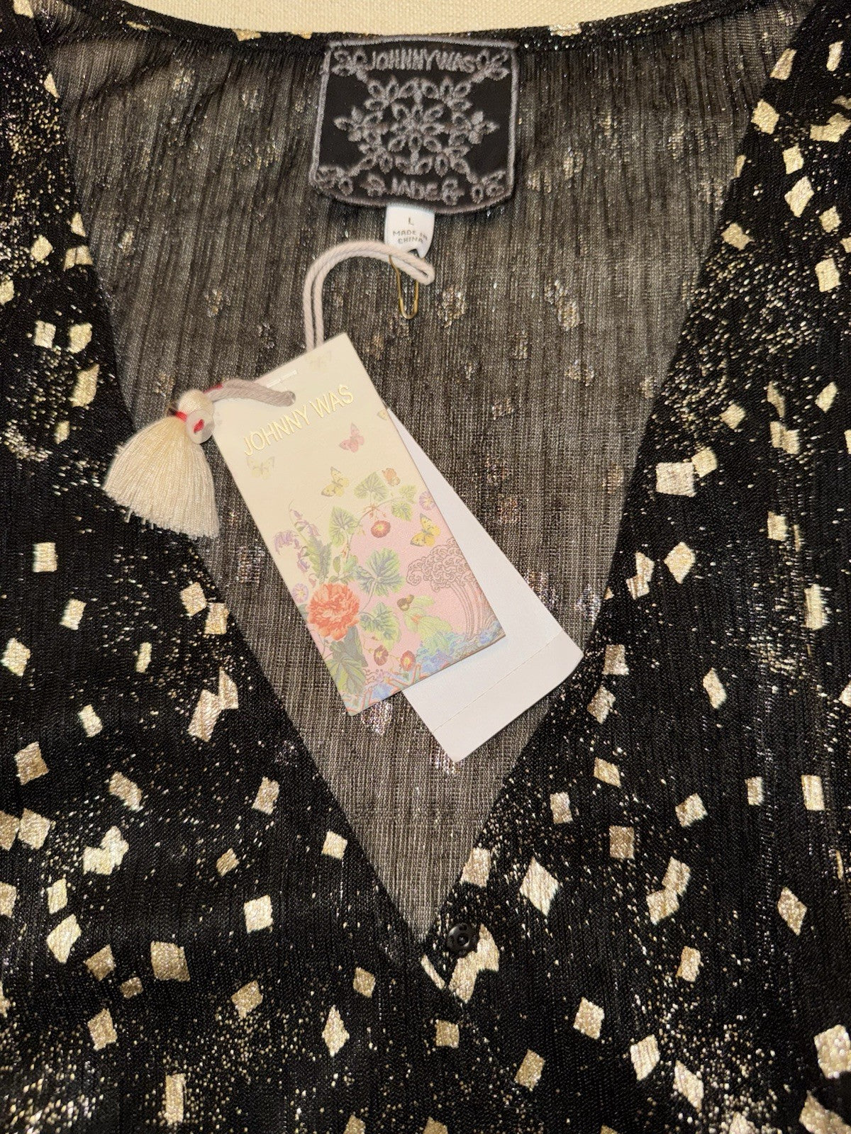 Johnny Was L Black & Gold Long Maxi Party Dress Sleeveless Pair W/ Kimono Johnny Was