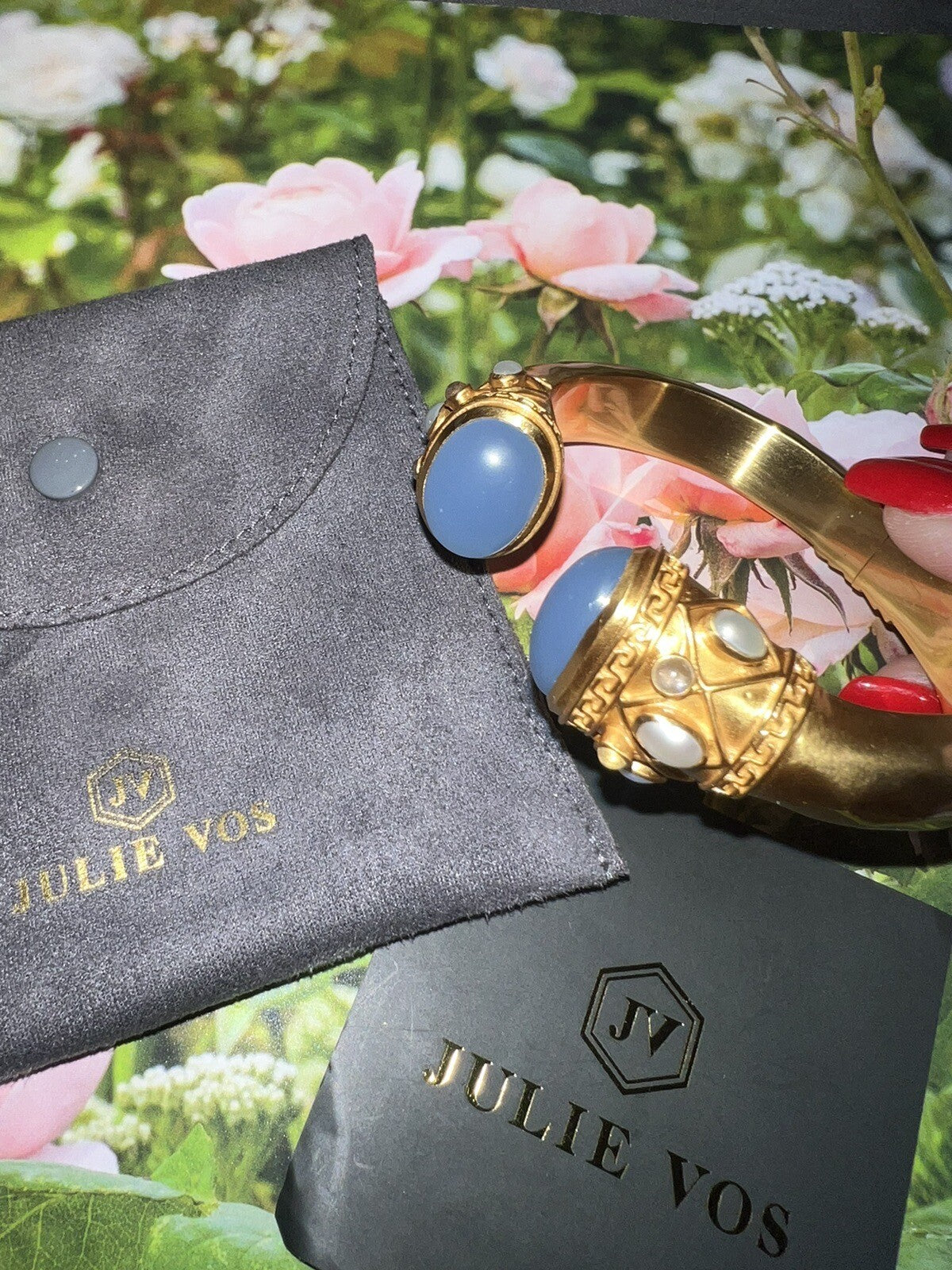 Julie Vos Soft Blue & Pearl Hinged Cuff Bracelet 24k Gold Plated Bangle Julie Vos