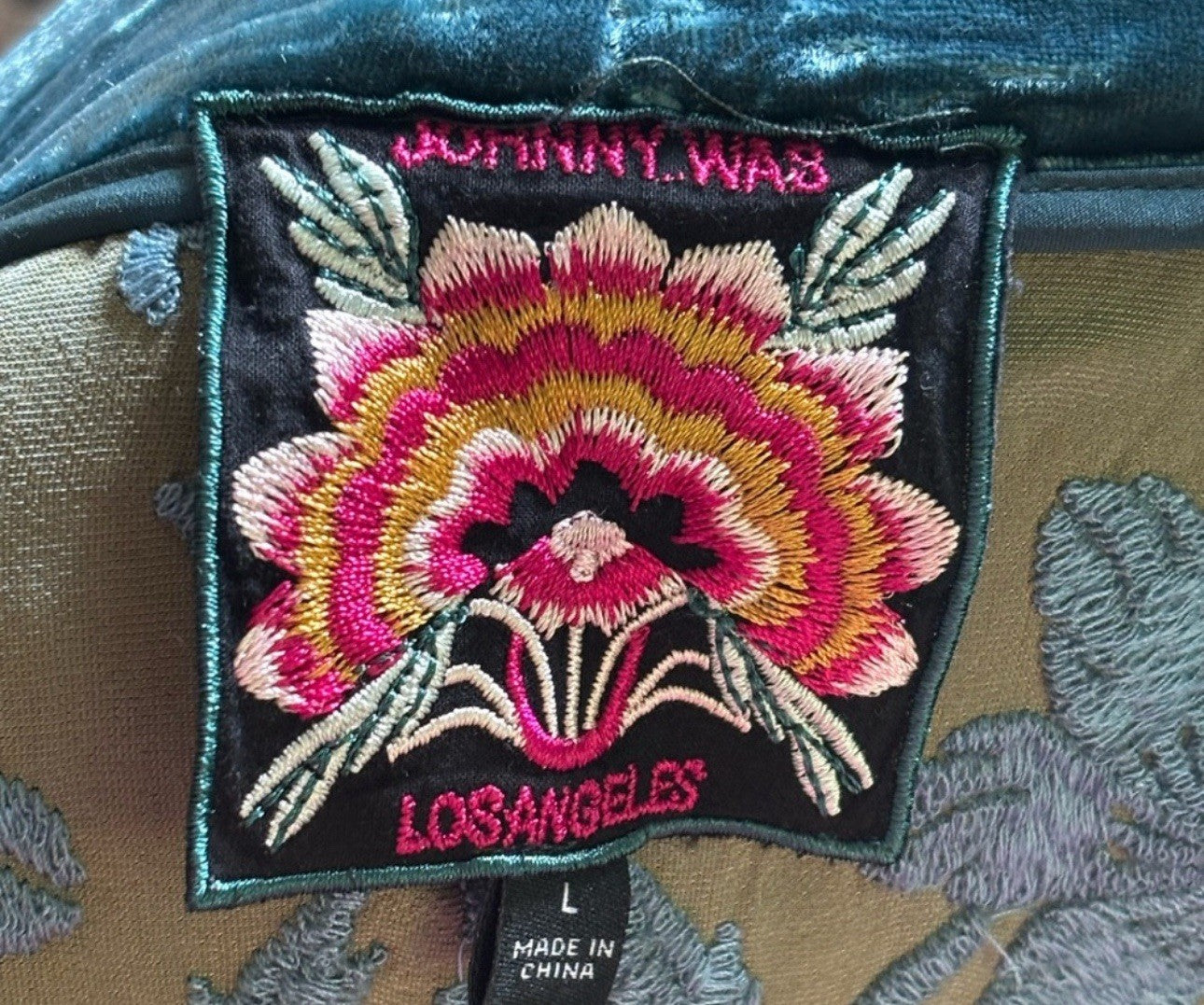 Johnny Was L Teal Green Velvet Kimono Duster Wrap Jacket Coat LUXE Embroidery Johnny Was