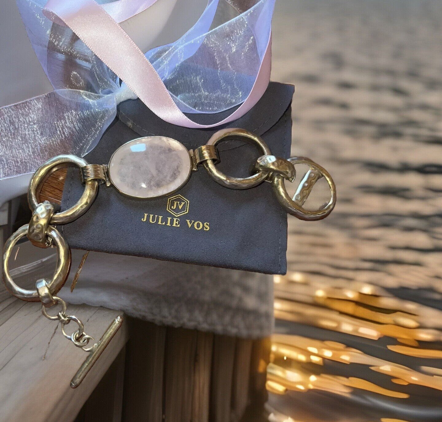 Julie Vos Pink Large Link Bracelet 24K Plate Over 925 Silver Rose Quartz Toggle Julie Vos