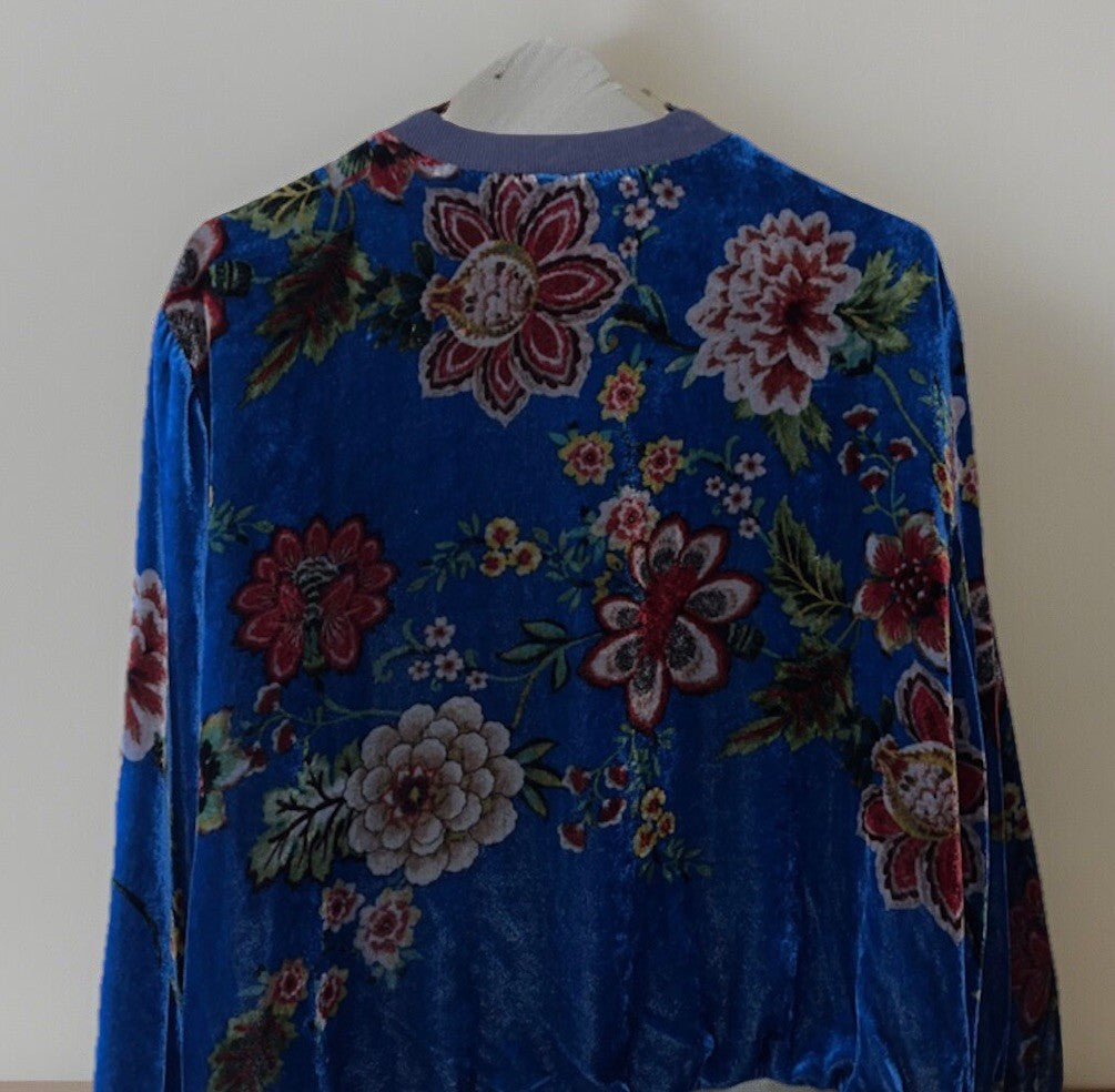 Johnny Was L Blue Velvet Bomber Jacket Flight Coat Floral Lightweight Warm Soft Johnny Was