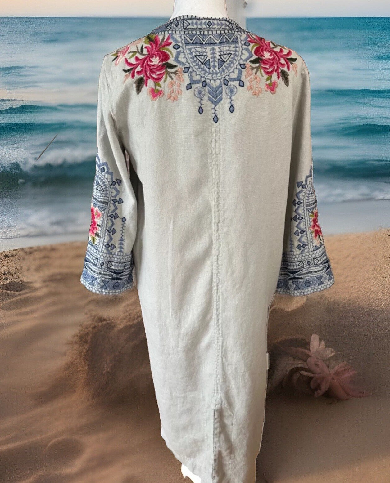 Johnny Was Grey XL Long Kimono Duster Coat Embroidery Linen MISSING BELT Johnny Was