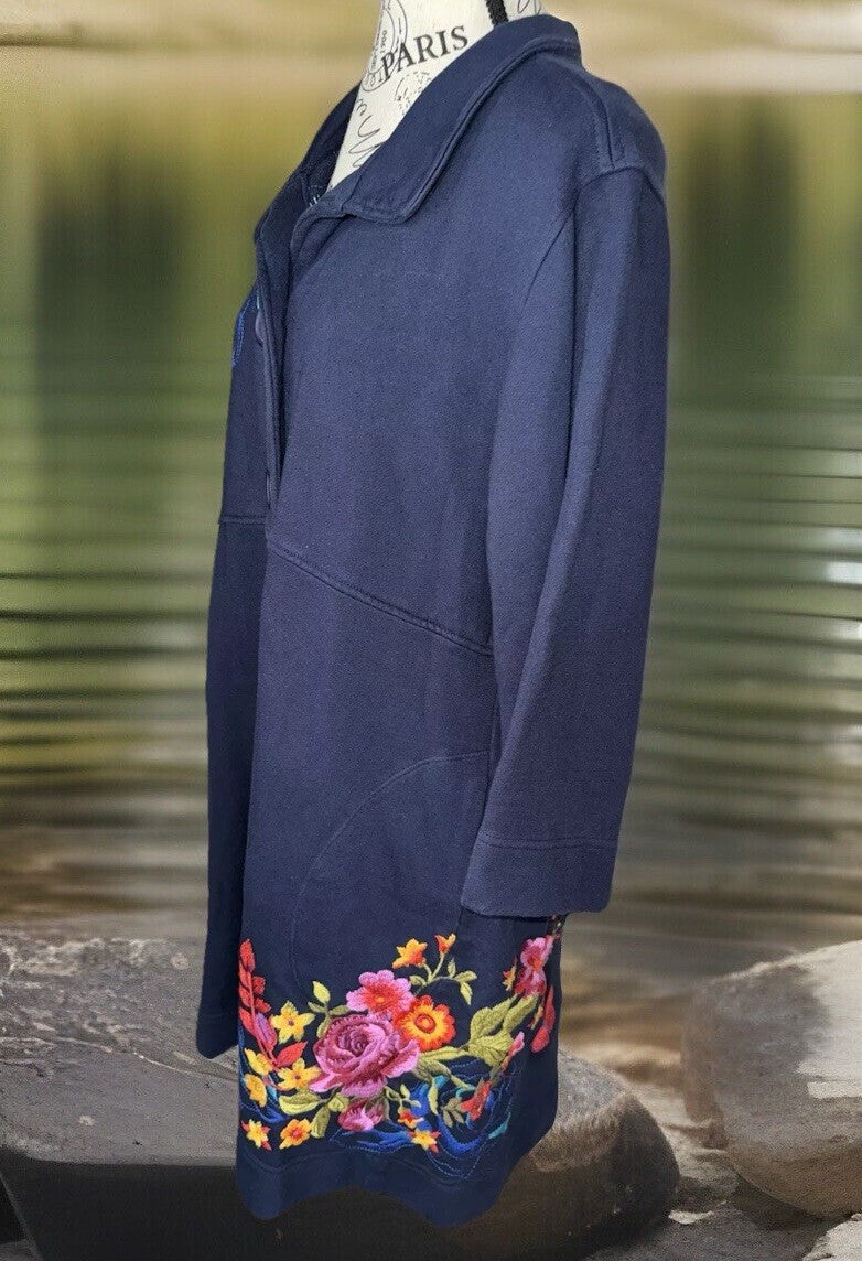 Johnny Was XL Blue Military Trench Coat Jacket Navy W/ Embroidery  Soft Johnny Was