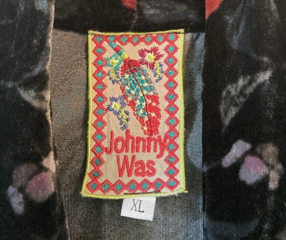 Johnny Was Black & Red Velvet XL Kimono Wrap Jacket Duster Coat Bohemian Johnny Was