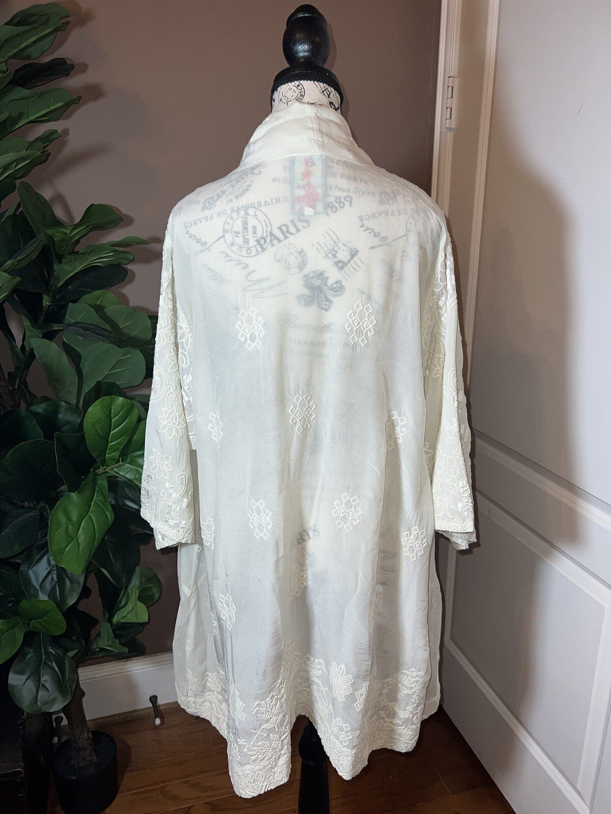 Johnny Was L Ivory Ecru Kimono Silky Embroidery & Lace Jacket Beach Wedding Wrap Johnny Was
