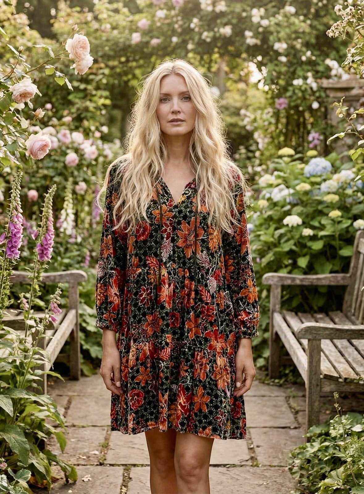 JOHNNY WAS L Velvet Tiered Mini DRESS Babydoll Tunic Top BOHO Beaded Tassels Johnny Was