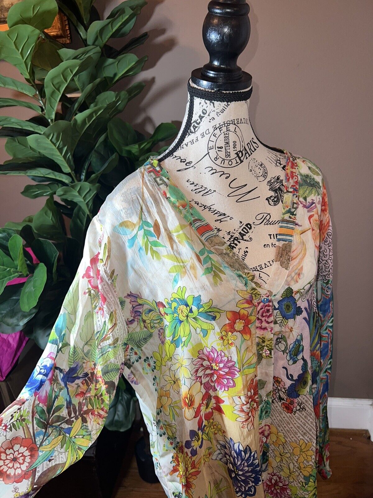 Johnny Was Silky Floral & Phoenix Long Sleeve Tunic Top Mini Dress L  Kimono