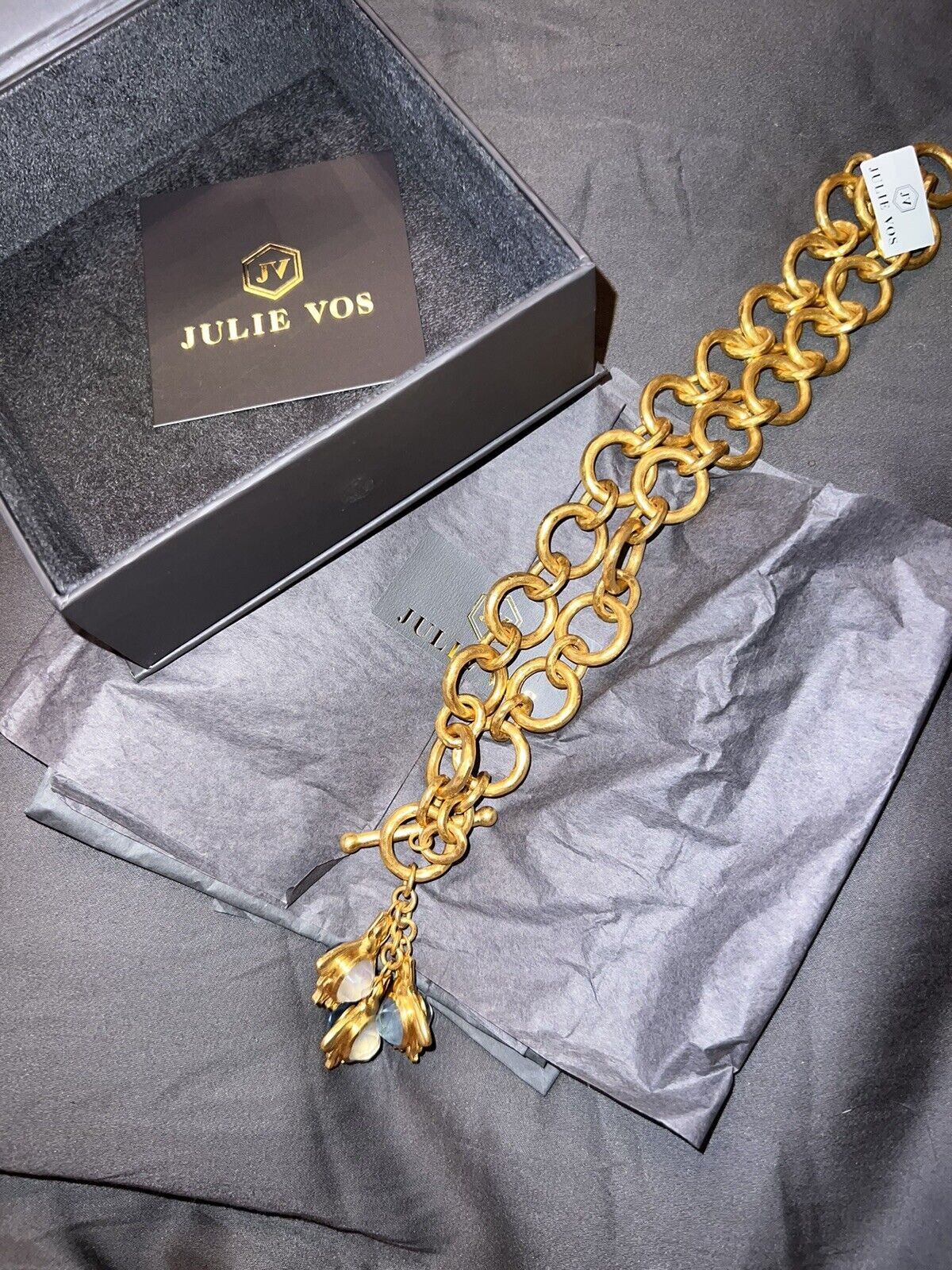 Julie Vos REVERSIBLE Bee Toggle Link Necklace 24k Gold Plate Chalcedony Clear