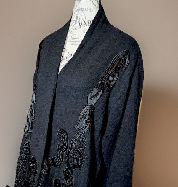 Johnny Was M Black Wool Blend Dressy Coat Silk Lining Jacket Satin Accents Johnny Was