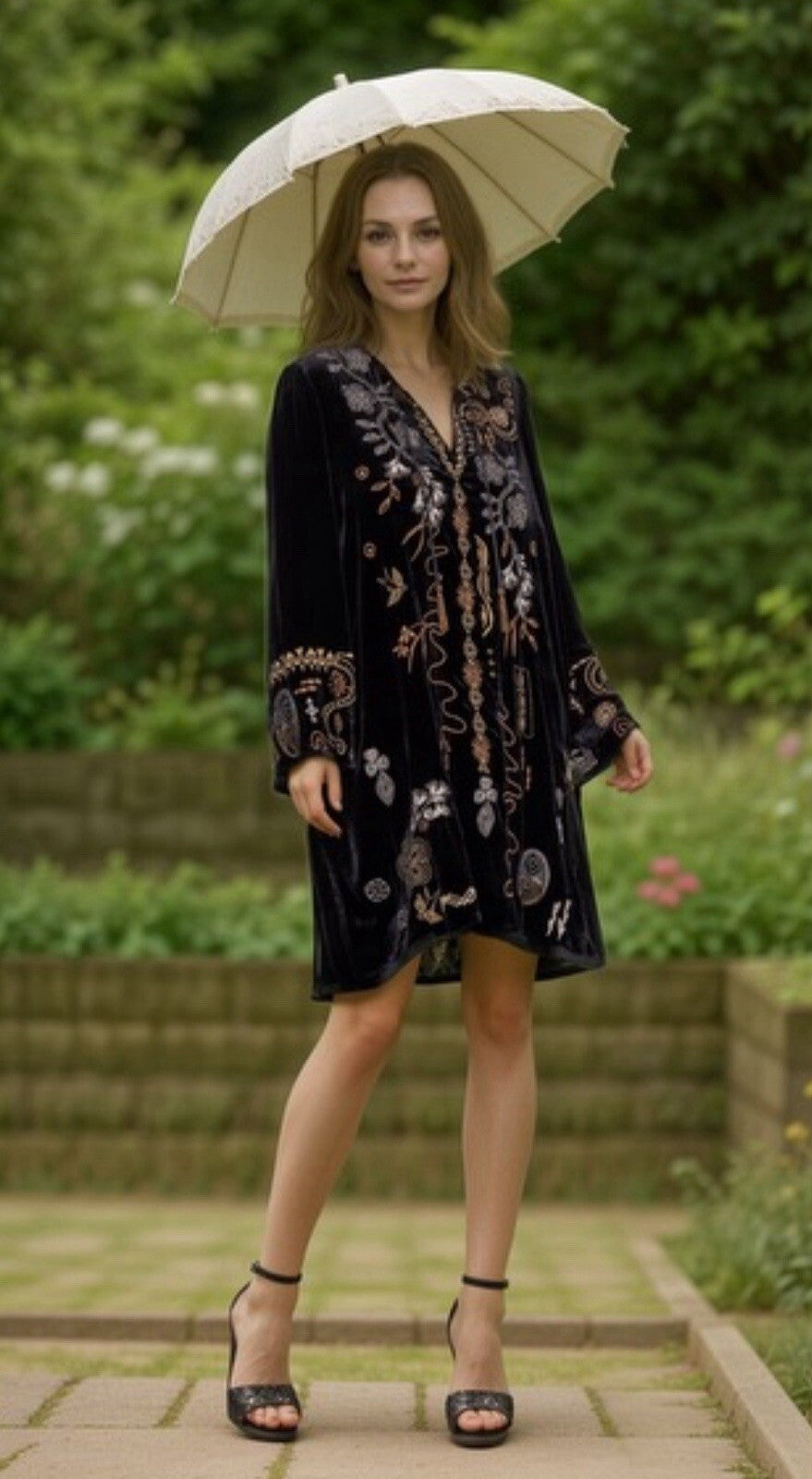 Johnny Was 1X 1XL Plus Black & Gold Velvet Kimono Shift Mini Dress Tunic Johnny Was