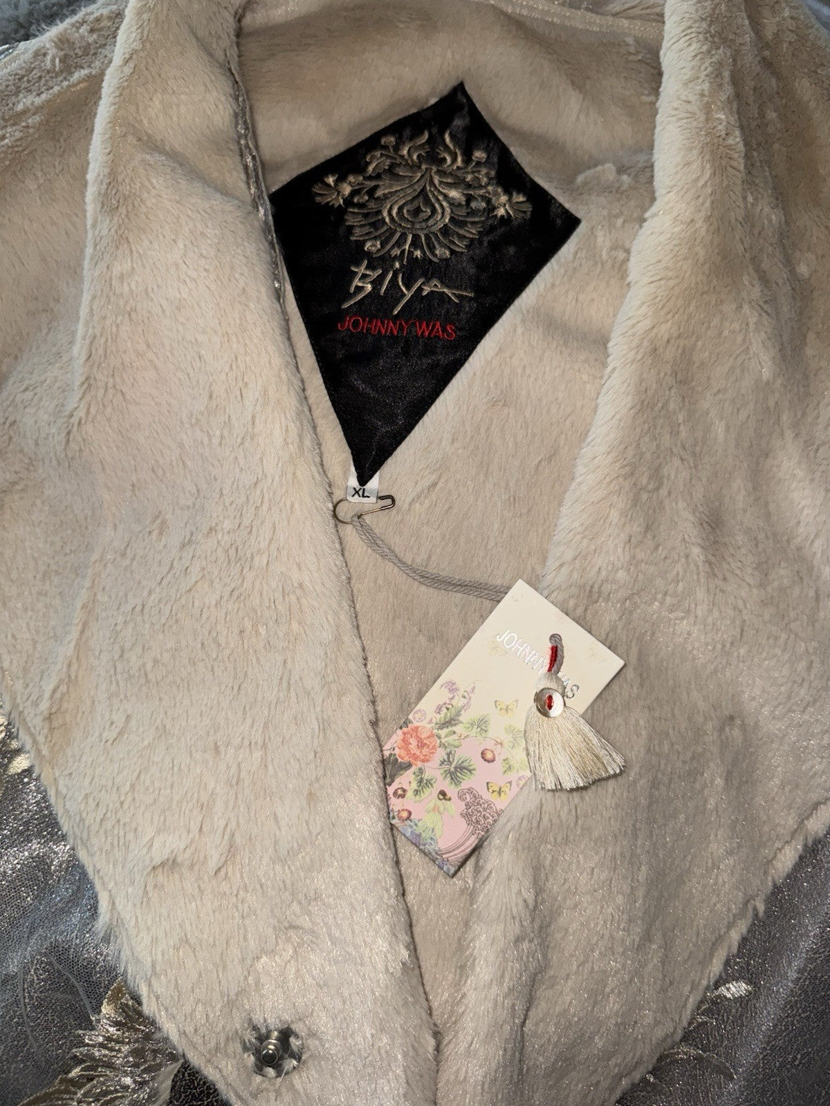 Johnny Was XL Silver Faux Suede & Fur Jacket Coat Applipue & Embroidery Johnny Was