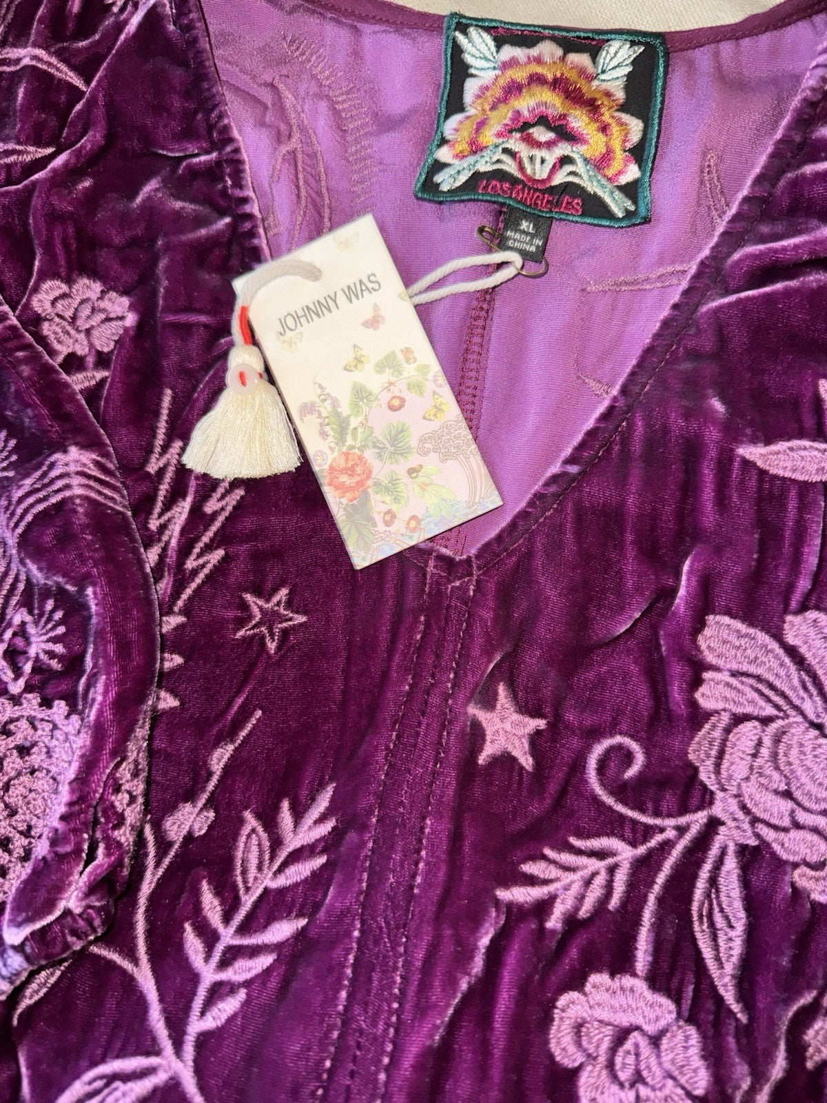 JOHNNY WAS XL Eggplant Velvet Midi Dress Tiered Embroidered Maxi $490 Retail Johnny Was