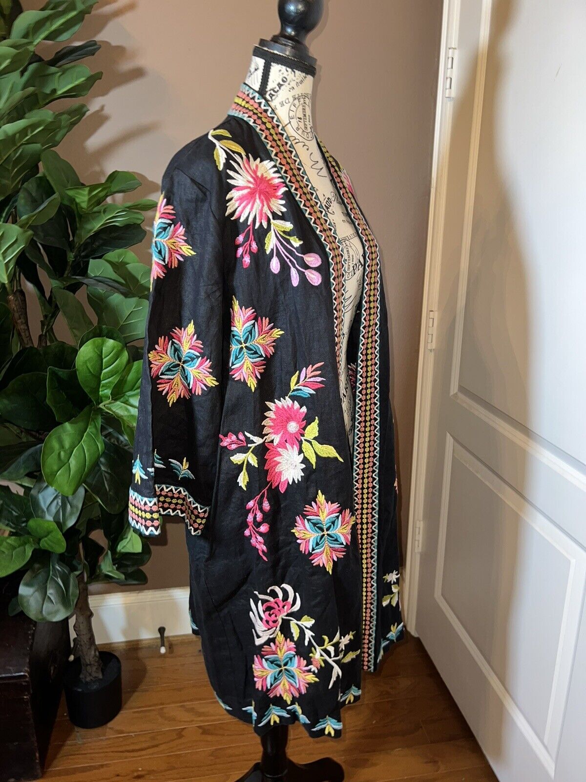 Johnny Was L Large Linen Long Kimono Duster Black Floral Embroidered