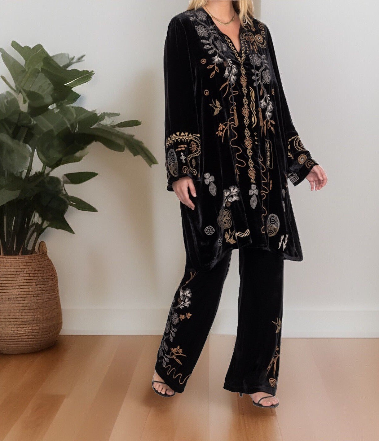 Johnny Was 3X 3XL Plus Black & Gold Velvet Kimono Shift Mini Dress Tunic Top Johnny Was