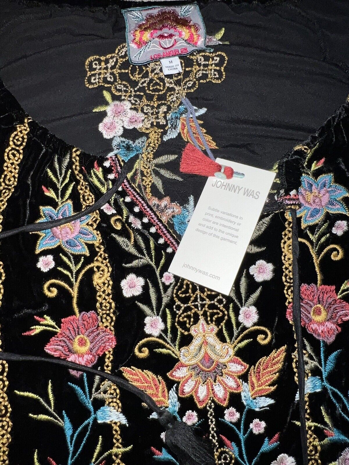 Johnny Was Black Velvet Embroidered Peasant Tunic Top Kimono Sz M Medium