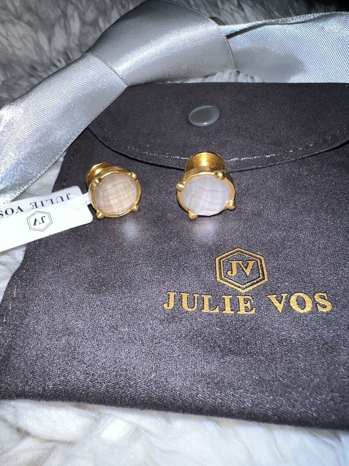 NEW Julie Vos Stud Earrings White/Clear Iridescent Stones & 24k Gold Plate NWT