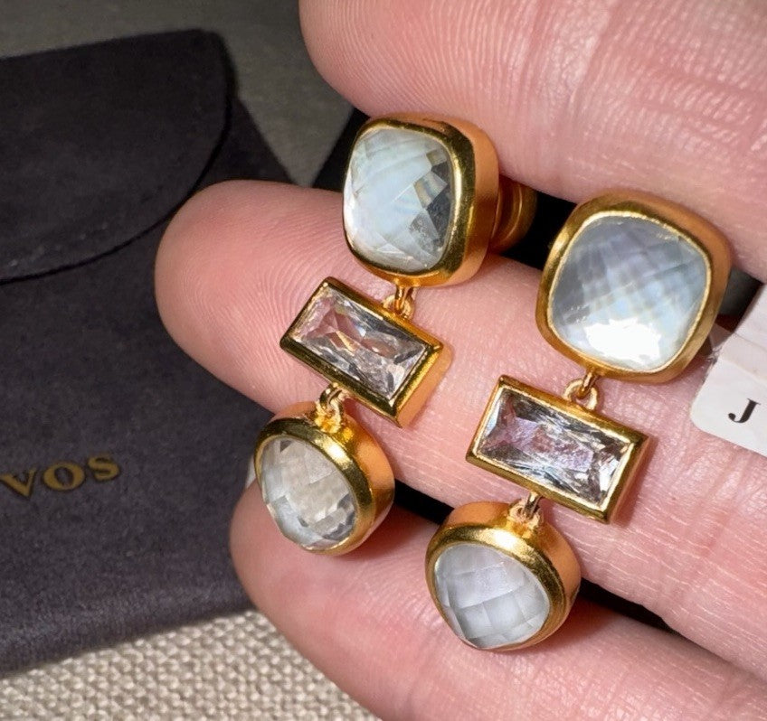 Julie Vos Iridescent Clear White Drop Earrings 24k Gold Plated   STUNNING Julie Vos
