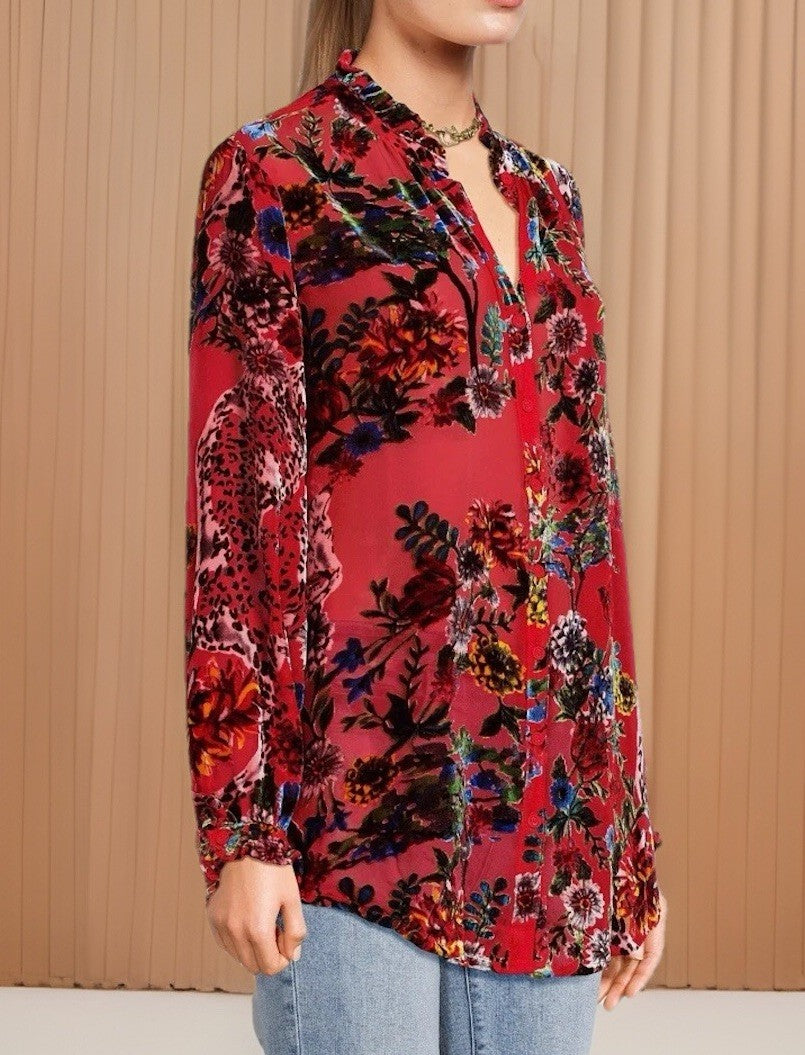 Johnny Was XL Red Burnout Velvet Button Up Blouse Tunic Top Shirt Floral Johnny Was