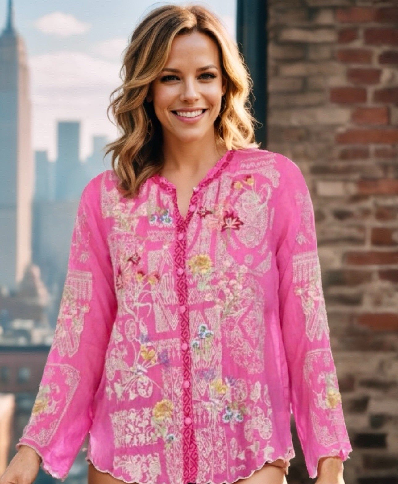 Johnny Was XXL Pink Tunic Top Pink Button Up Blouse Shirt Embroidered Shirt Johnny Was