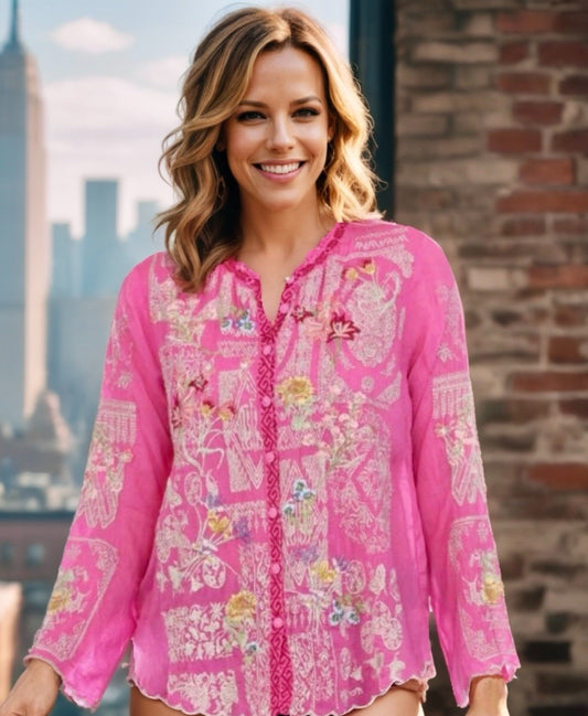 Johnny Was XXL Pink Tunic Top Pink Button Up Blouse Shirt Embroidered Shirt Johnny Was