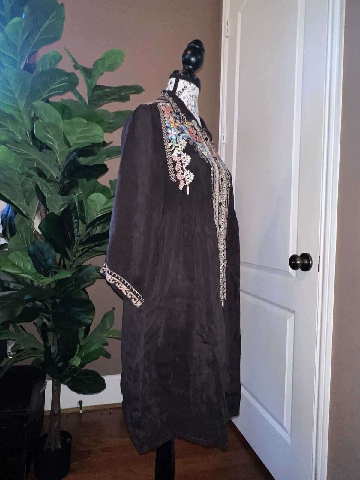 Johnny Was Brown Embroidered Silky Tunic Top Mini Dress Kimono Sleeves M Medium