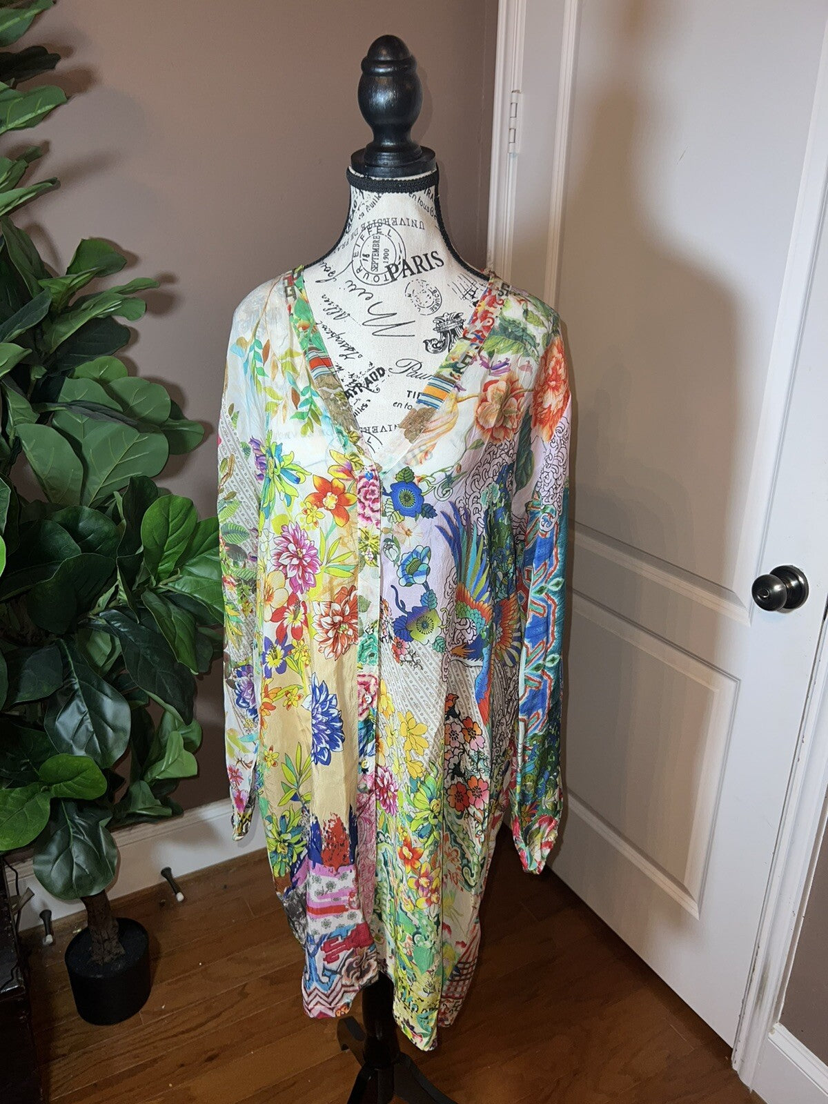 Johnny Was L Floral & Phoenix Long Tunic Top Mini Dress Lightweight Cool Boho Johnny Was