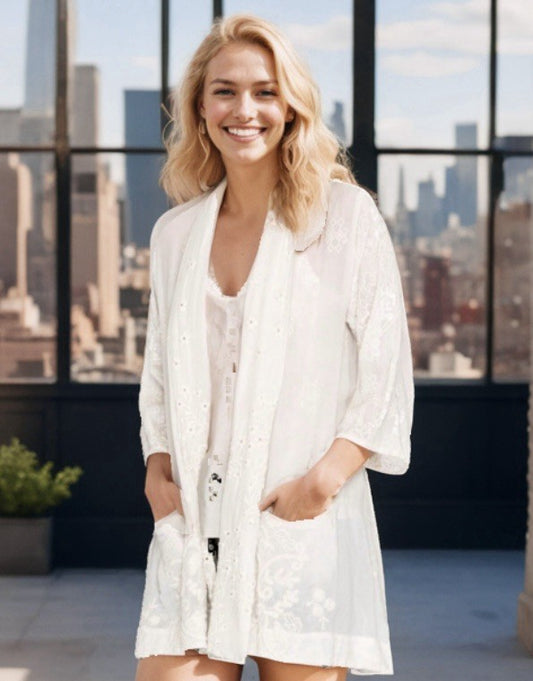 Johnny Was L Ivory Ecru Kimono Silky Embroidery & Lace Jacket Beach Wedding Wrap Johnny Was