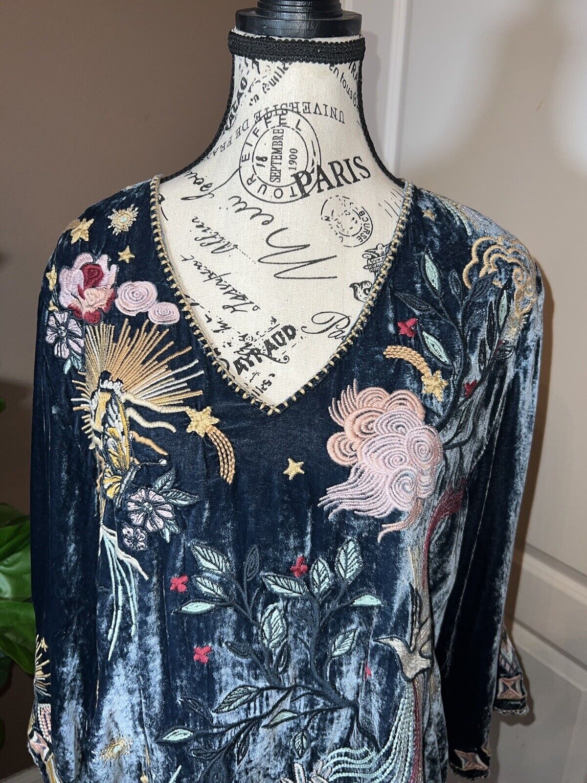 Johnny Was Midnight Blue Velvet Embroidered Tunic Top Kimono Sz M Medium