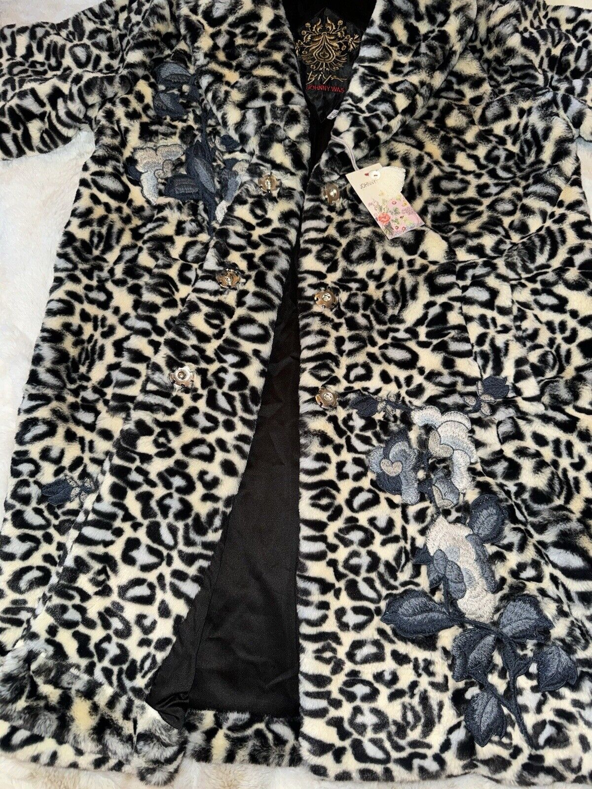 Johnny Was S Soft Blue & White Leopard Faux Fur Coat Jacket Wrap Silk Lining