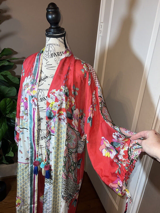 Johnny Was 100% Silk Long Kimono Wrap L Large Spring Floral Duster Robe