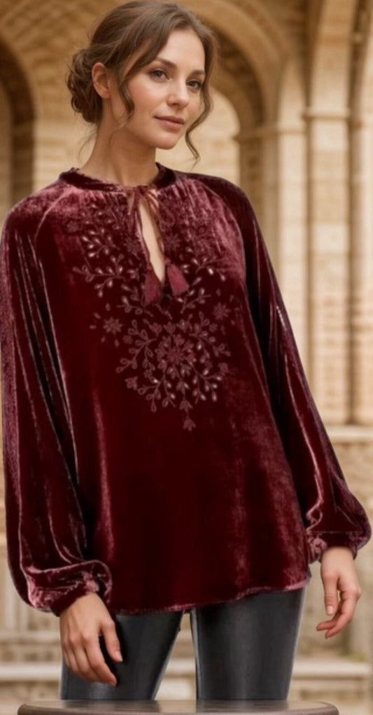 Johnny Was XL Burgundy Wine Velvet Peasant  Blouse Embroidery BOHO Tunic Top Johnny Was