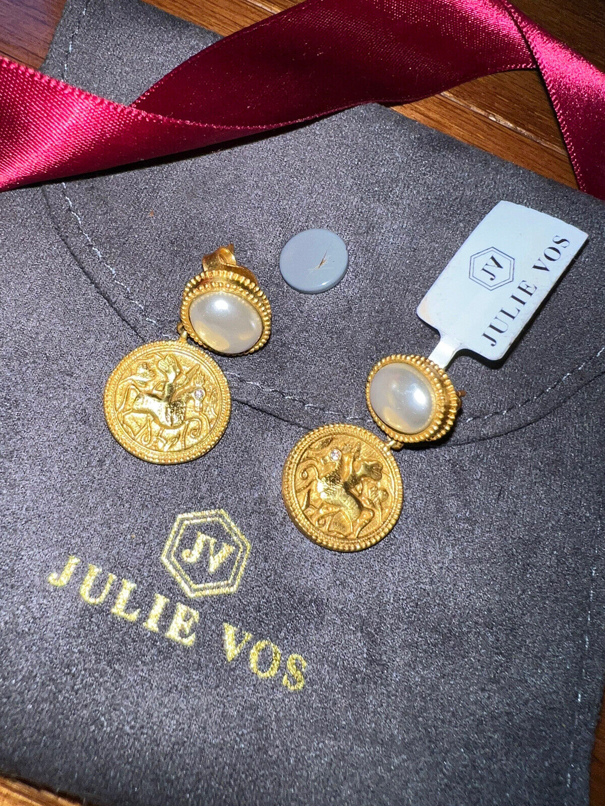 NEW Julie Vos Pearl & 24k Plated Coin Medallion Earrings GORGEOUS