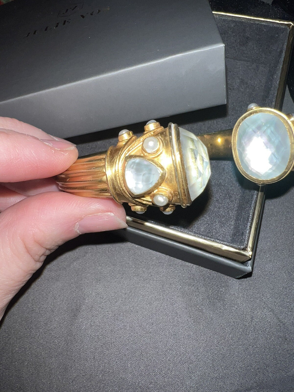 Julie Vos Large Bangle Bracelet Cuff Hinged Iridescent Clear Stones & Pearls Julie Vos