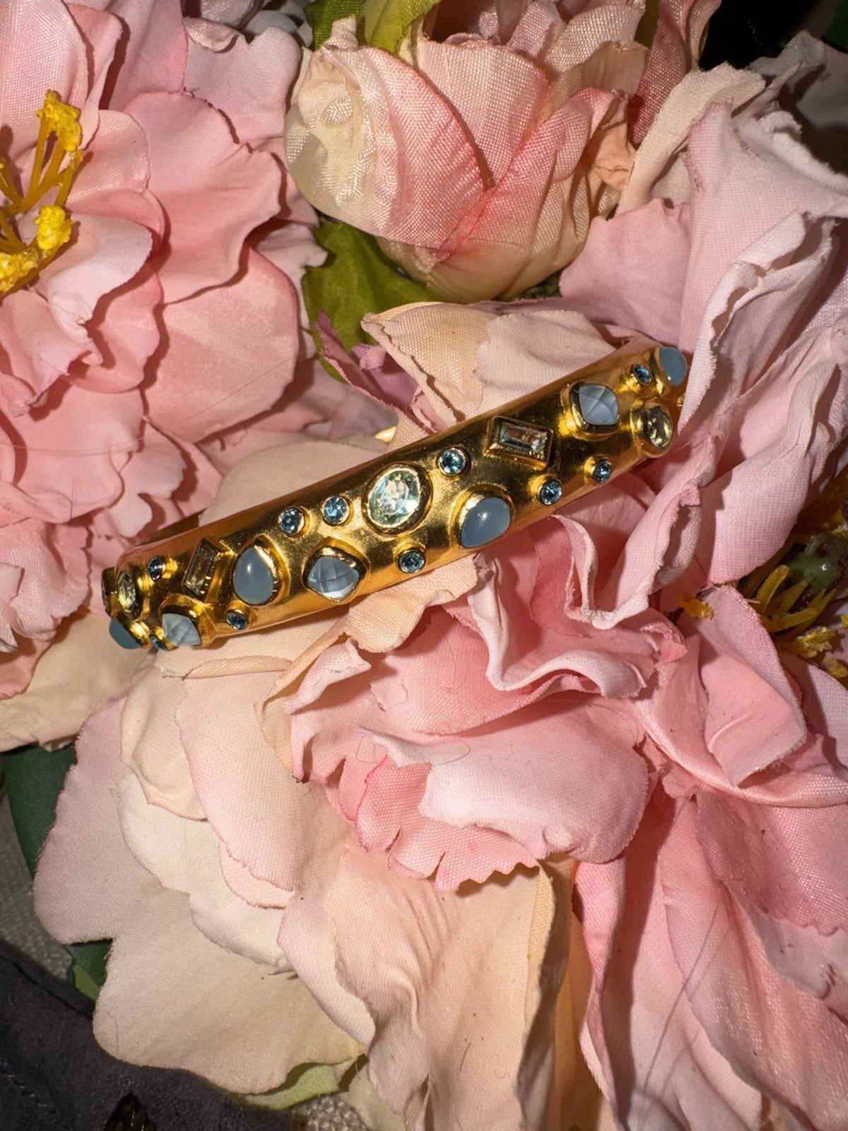 Julie Vos Hinged Bangle Bracelet Blue Iridescent Stones 24k Plated Julie Vos