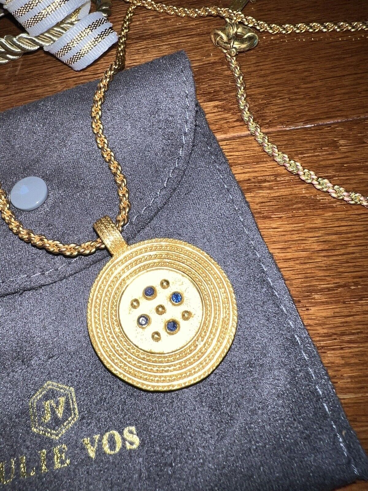 Julie Vos Statement Rope Necklace & Pendant 24k Gold Plate And Sapphire Glass