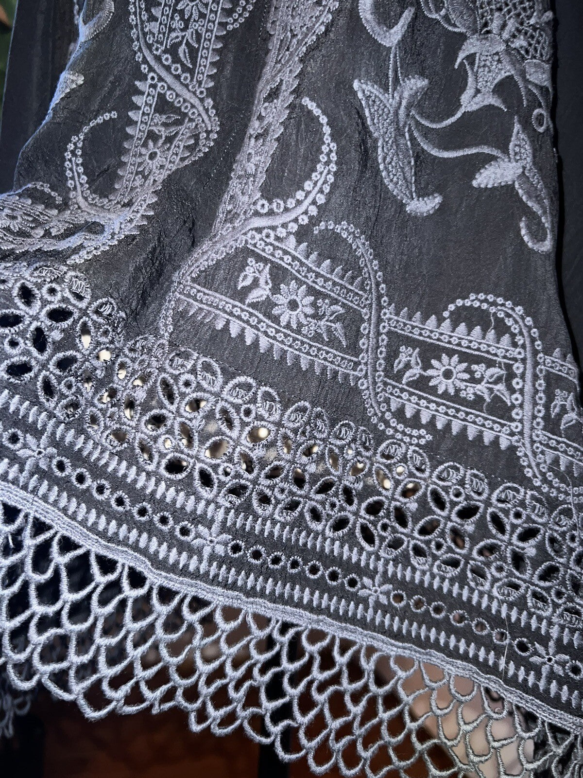 Johnny Was M Black Tunic Top Eyelet & Lace Silky Kimono Sleeves Lightweight Cool Johnny Was