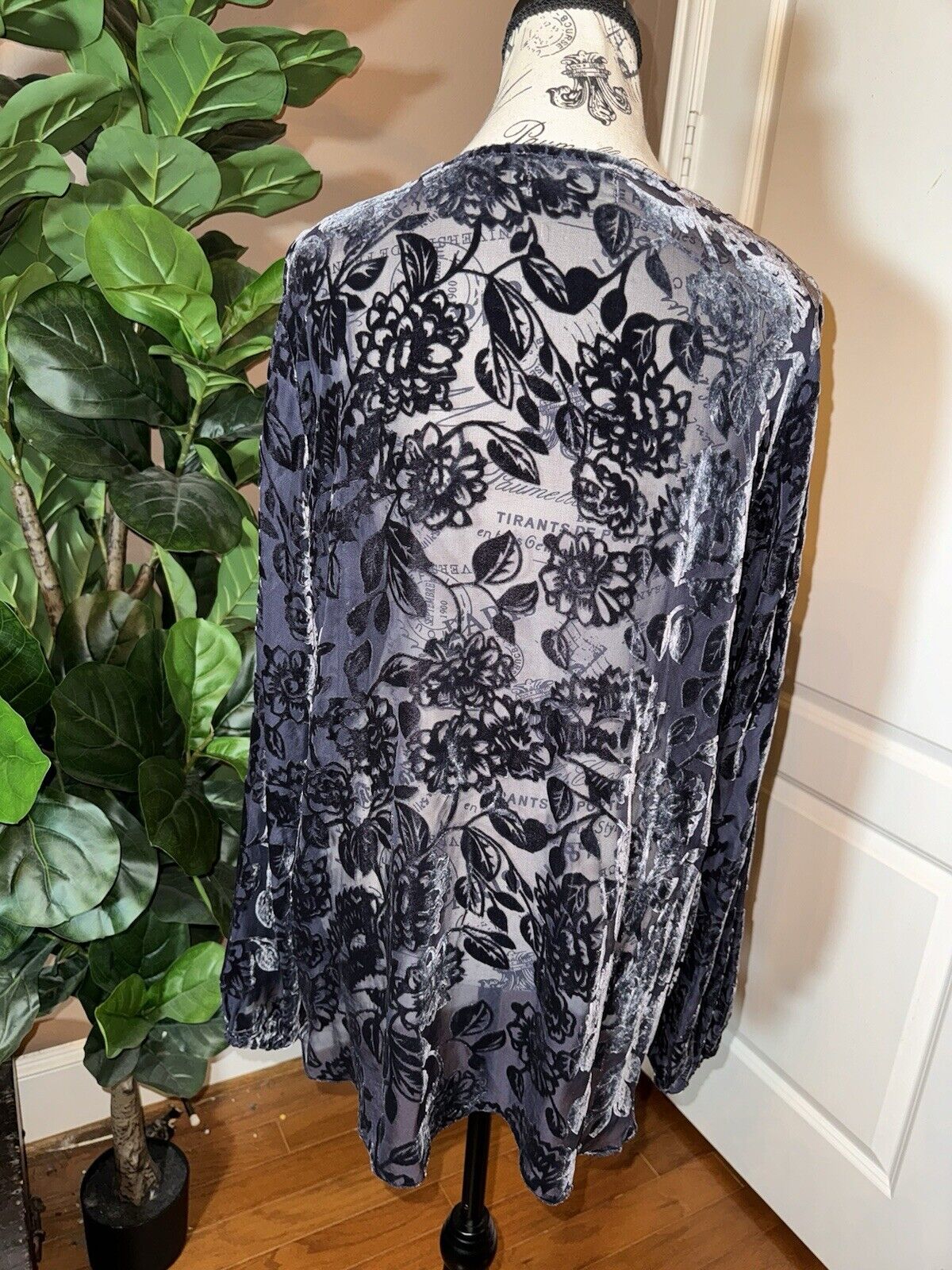 Johnny Was L Large Blue Burnout Velvet Tunic Top Sheer Floral Blouse Shirt