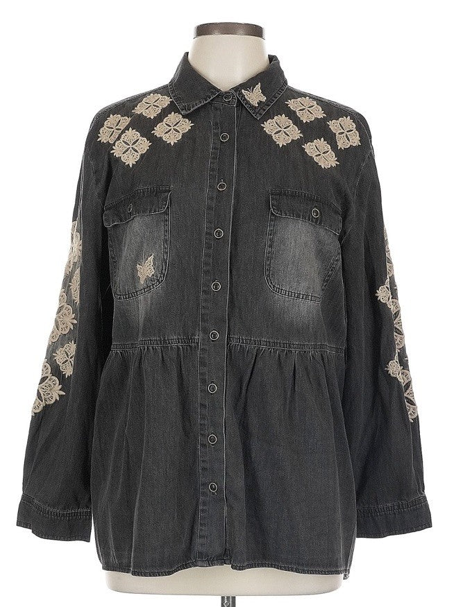 Johnny Was L Black Denim Button Up Shirt Jacket Coat Embroidered Light Wash Johnny Was