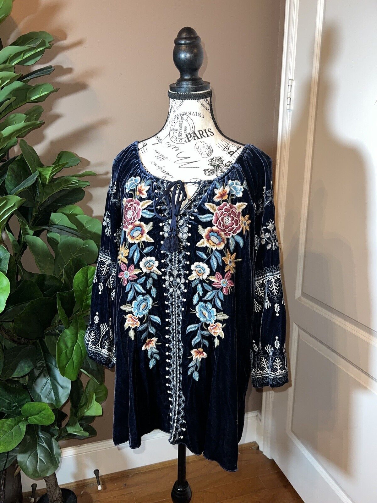 Johnny Was Blue Velvet Heavily Embroidered Tunic Top Mini Dress Sz XL 1X