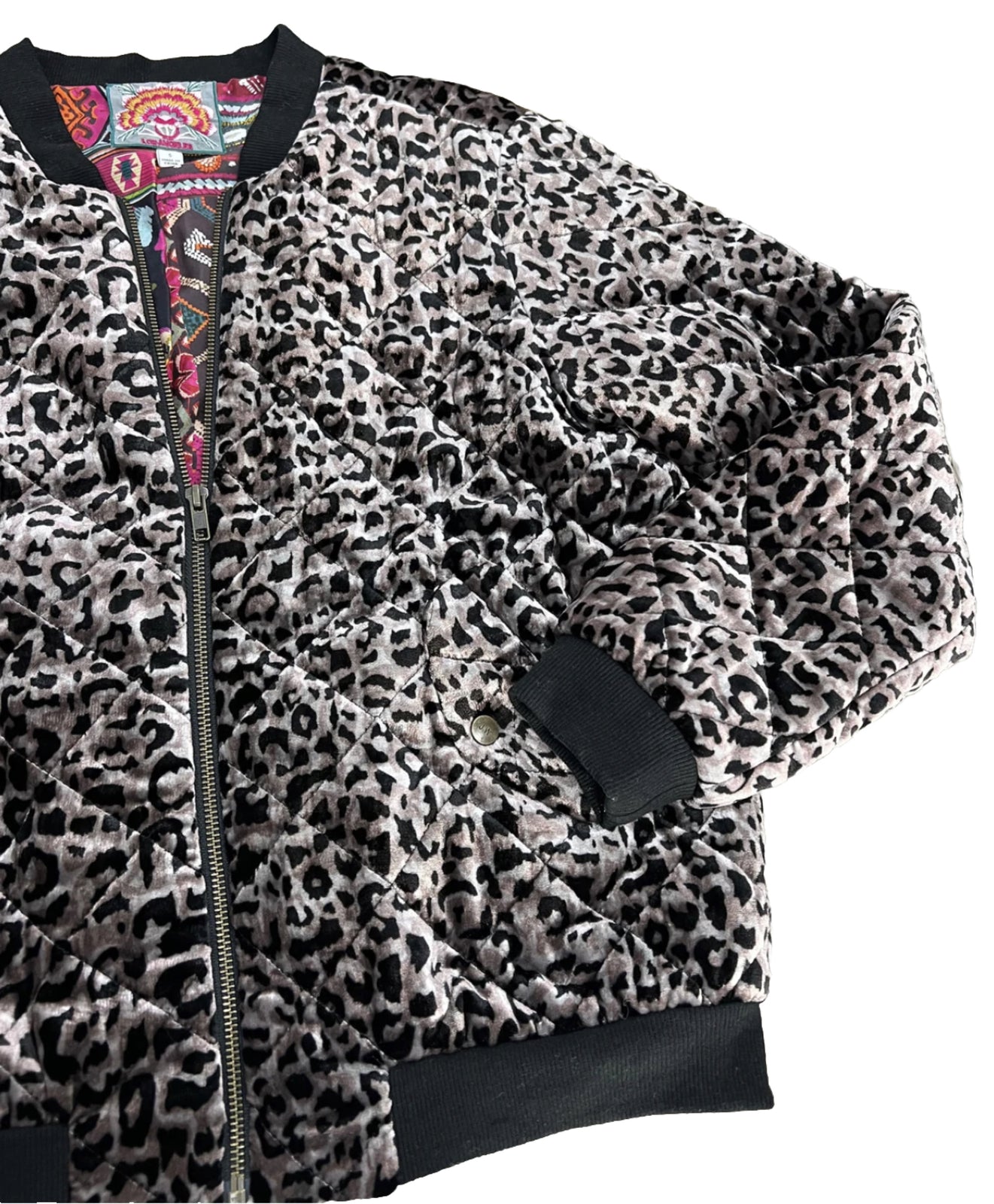 Johnny Was M Velvet Leopard Print Bomber Jacket Coat 100% Silk Lining Animal Johnny Was