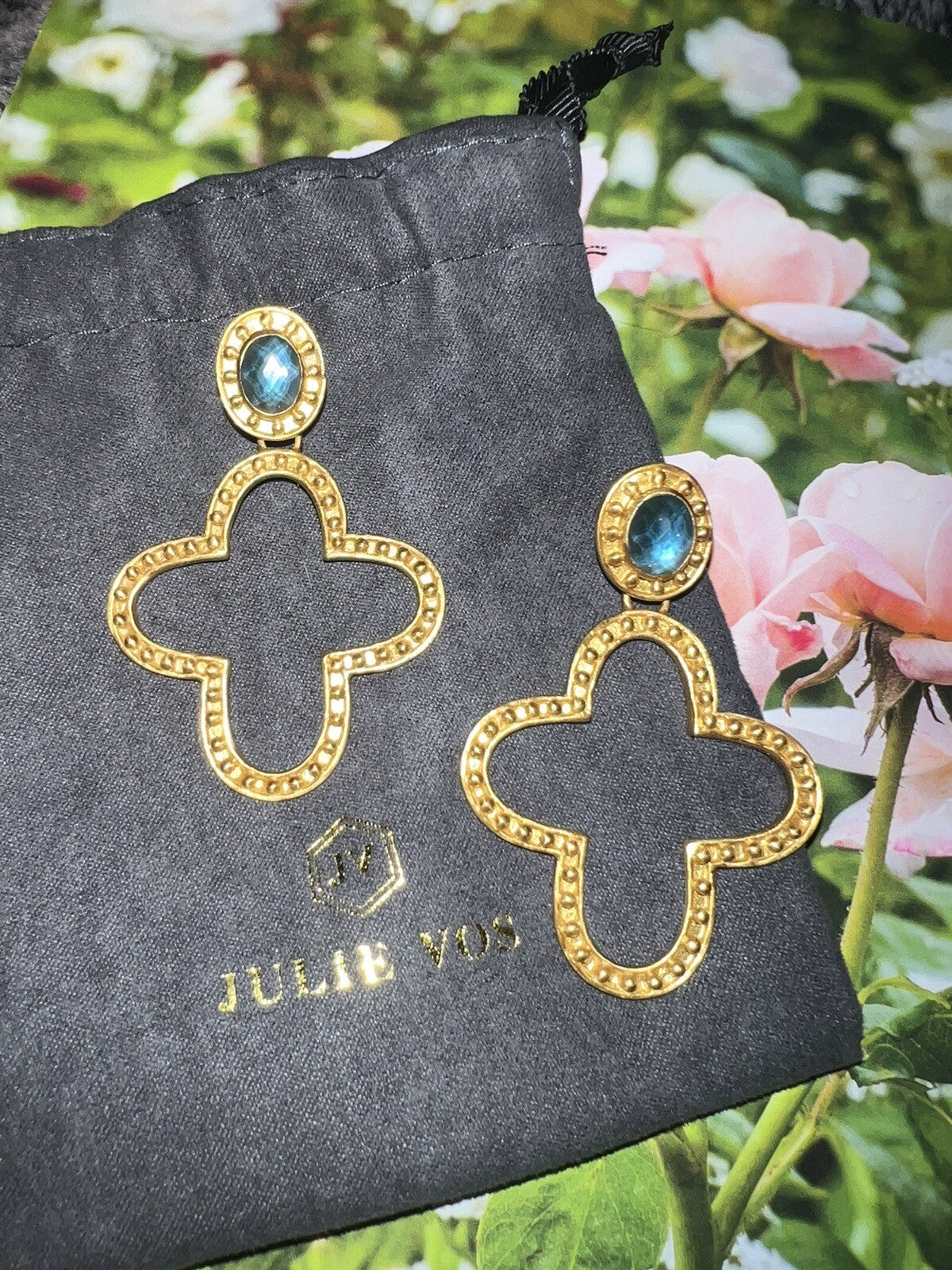 Julie Vos 24k Gold Plate & Blue Stone Cross Statement Earrings WOW Julie Vos