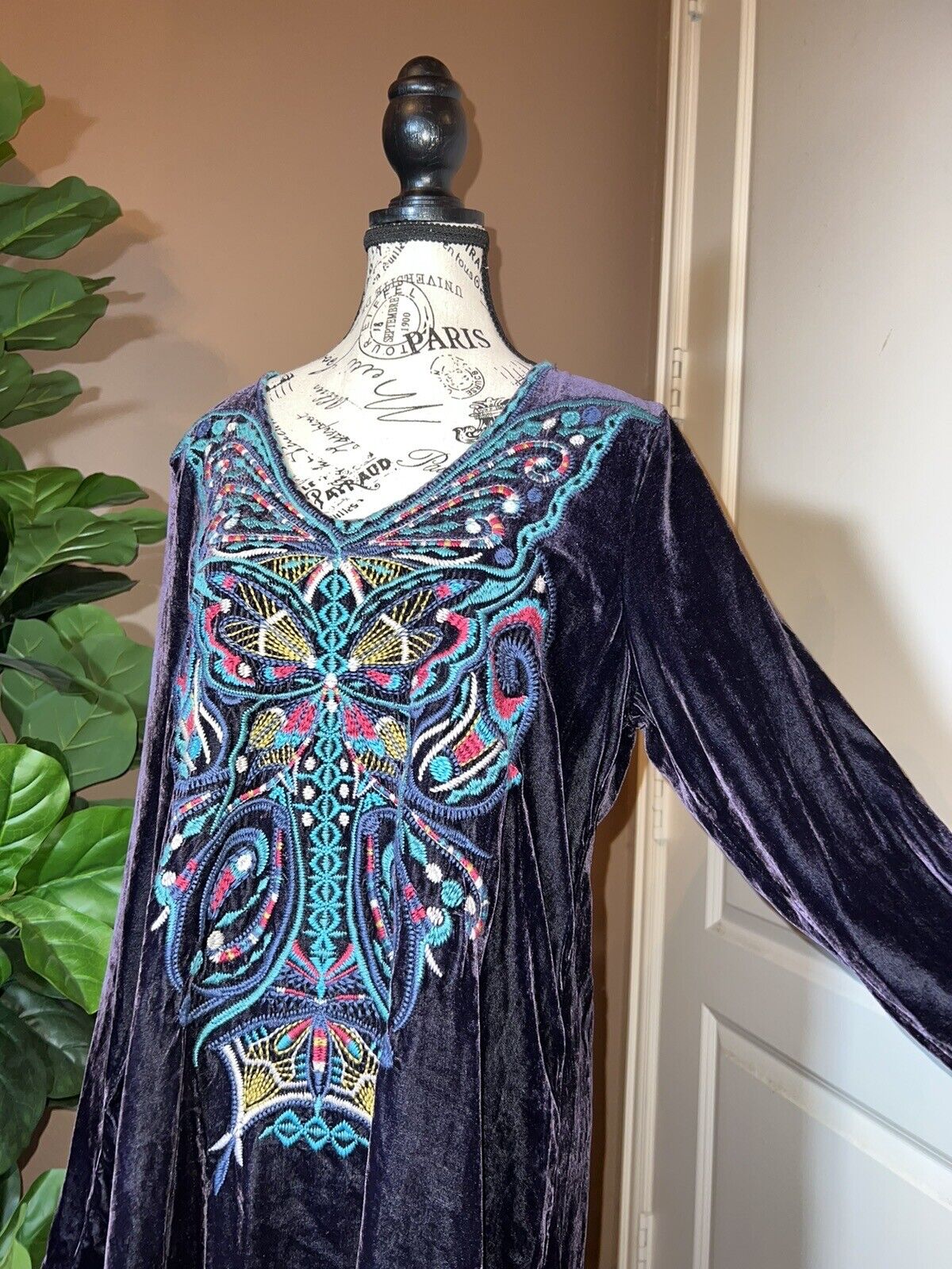 Johnny Was Midnight Purple Butterfly Velvet Embroidered Tunic Top Mini Dress M