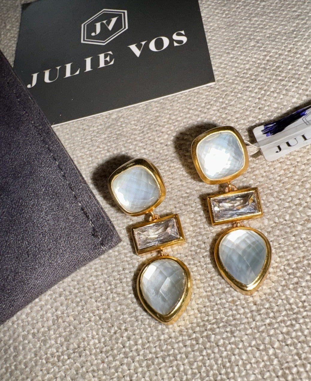 Julie Vos Iridescent Clear White Drop Earrings 24k Gold Plated   STUNNING Julie Vos