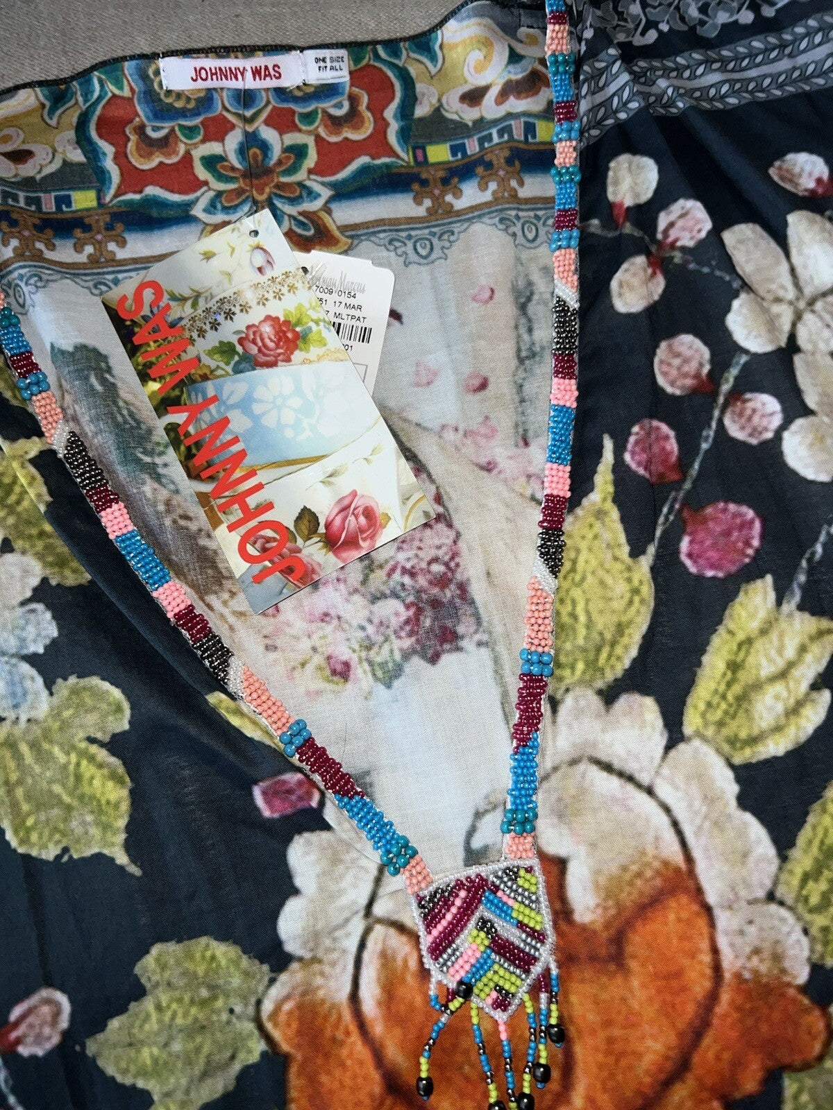 Johnny Was O/S Kimono Wrap Top Cover Up Beautiful Back & Beading Summer One Size Johnny Was