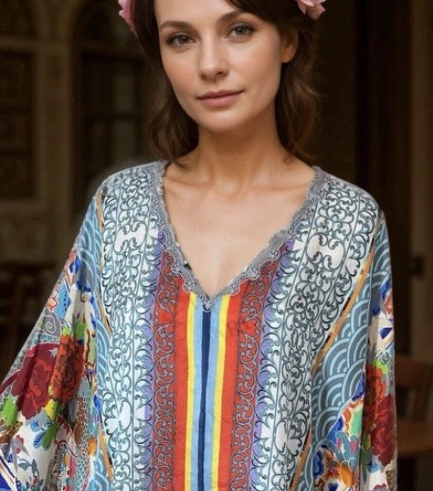 Johnny Was XL 100% Silk Long Sleeve Tunic Top Dragon Blouse Shirt Asian BOHO Johnny Was