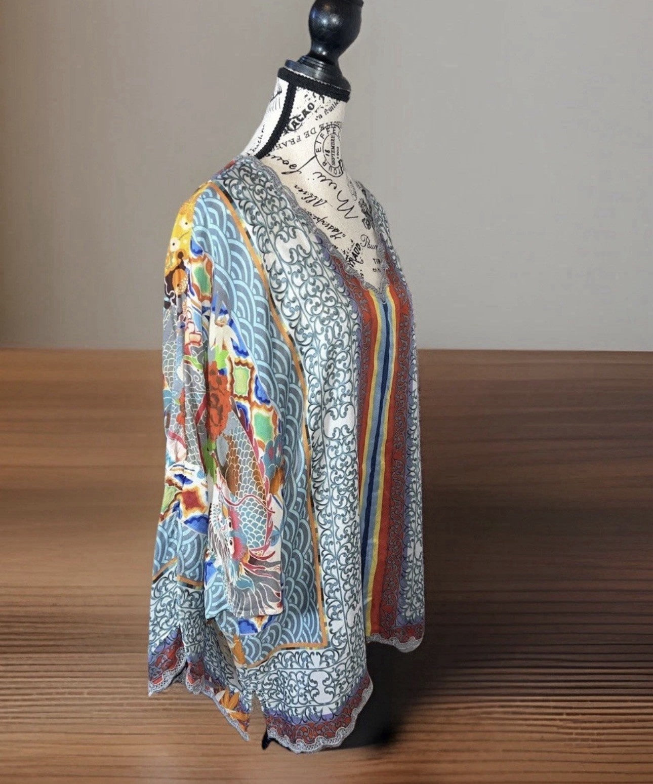 Johnny Was XL 100% Silk Long Sleeve Tunic Top Dragon Blouse Shirt Asian BOHO Johnny Was