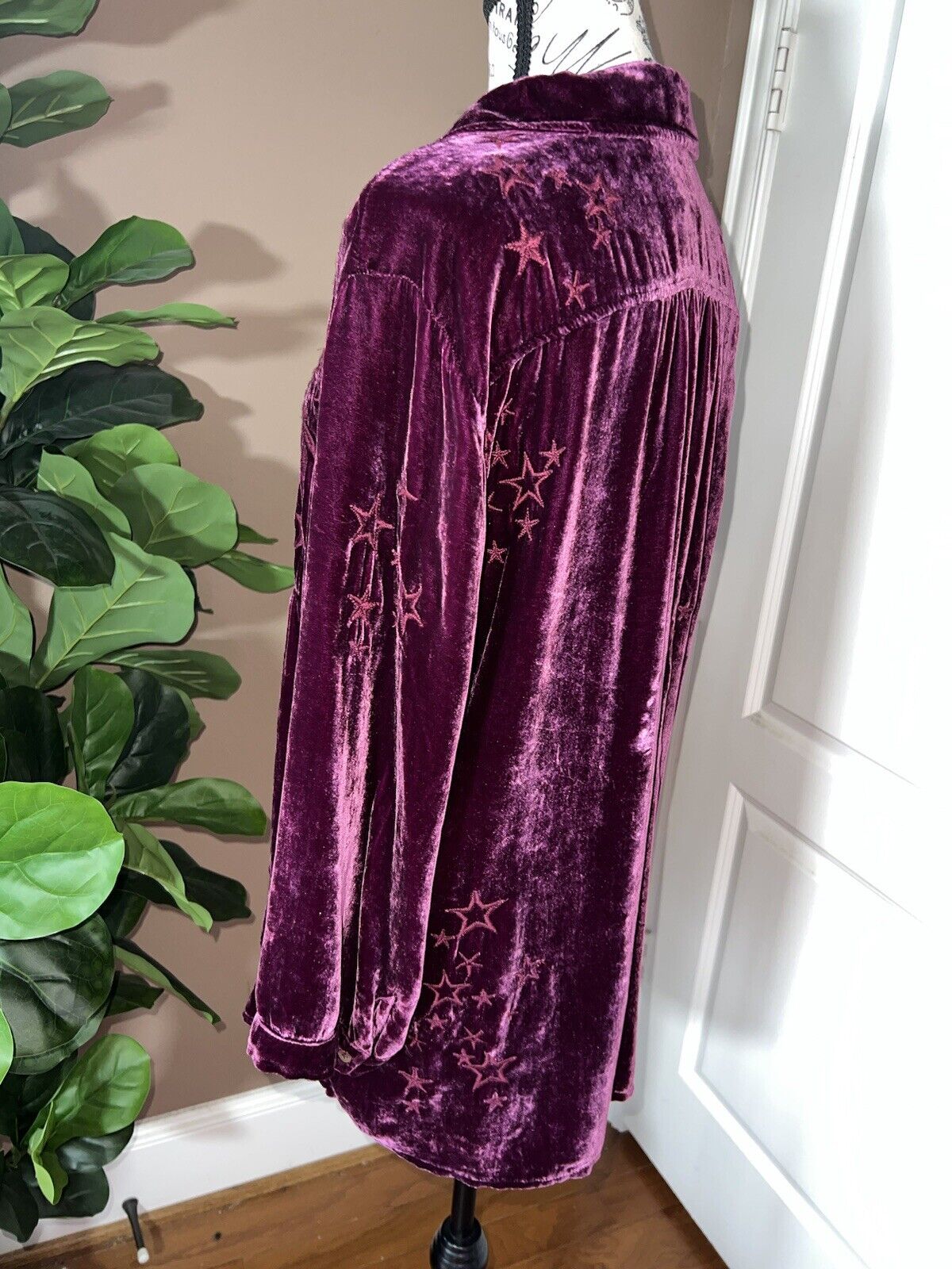 Johnny Was Sz XL Burgundy Wine Velvet Peplum Tunic Top Tonal Embroidery