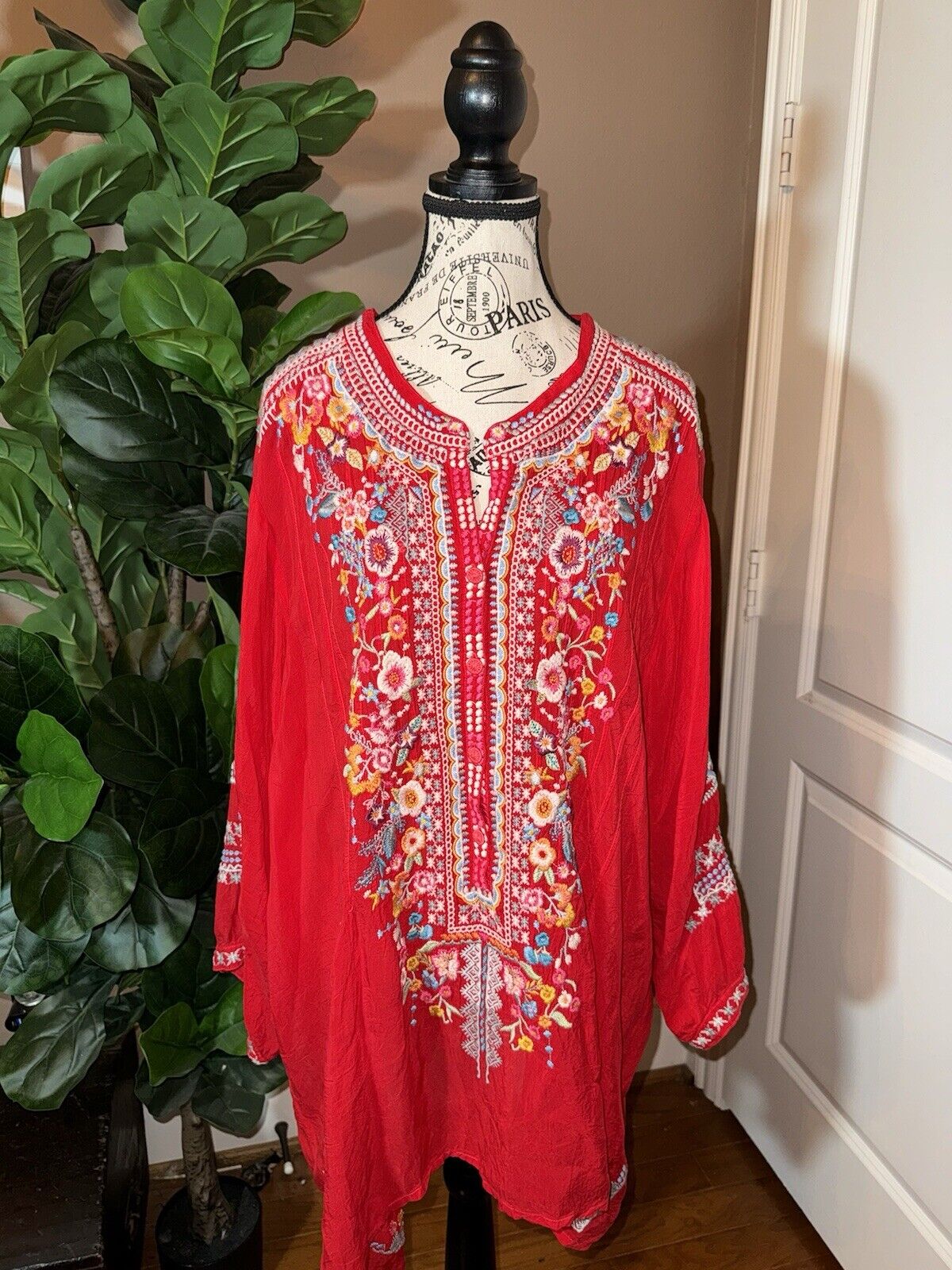 Johnny Was 3x 3XL Tunic Top Red Silky Handkerchief Hem Peasant Blouse